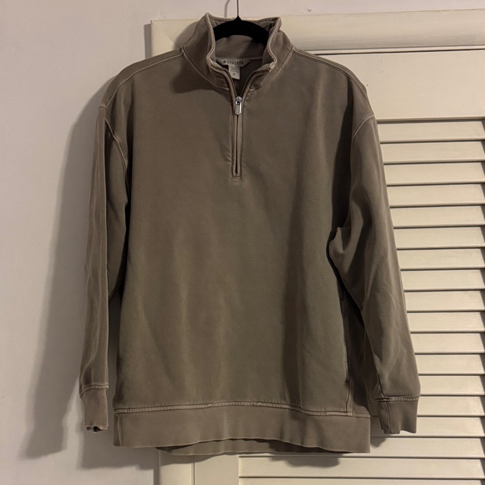 Athleta Woman's Weathered Olive Zip-Up Forever Fleece sweatshirt. 80% cotton